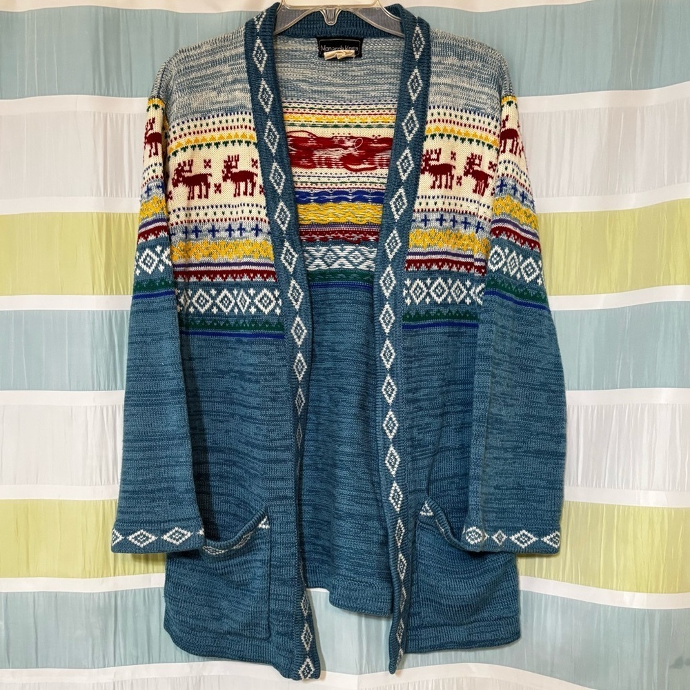 Vintage Monarch Knits Fair Aisle Reindeer Cardigan Sz Medium - Picture 7 of 9